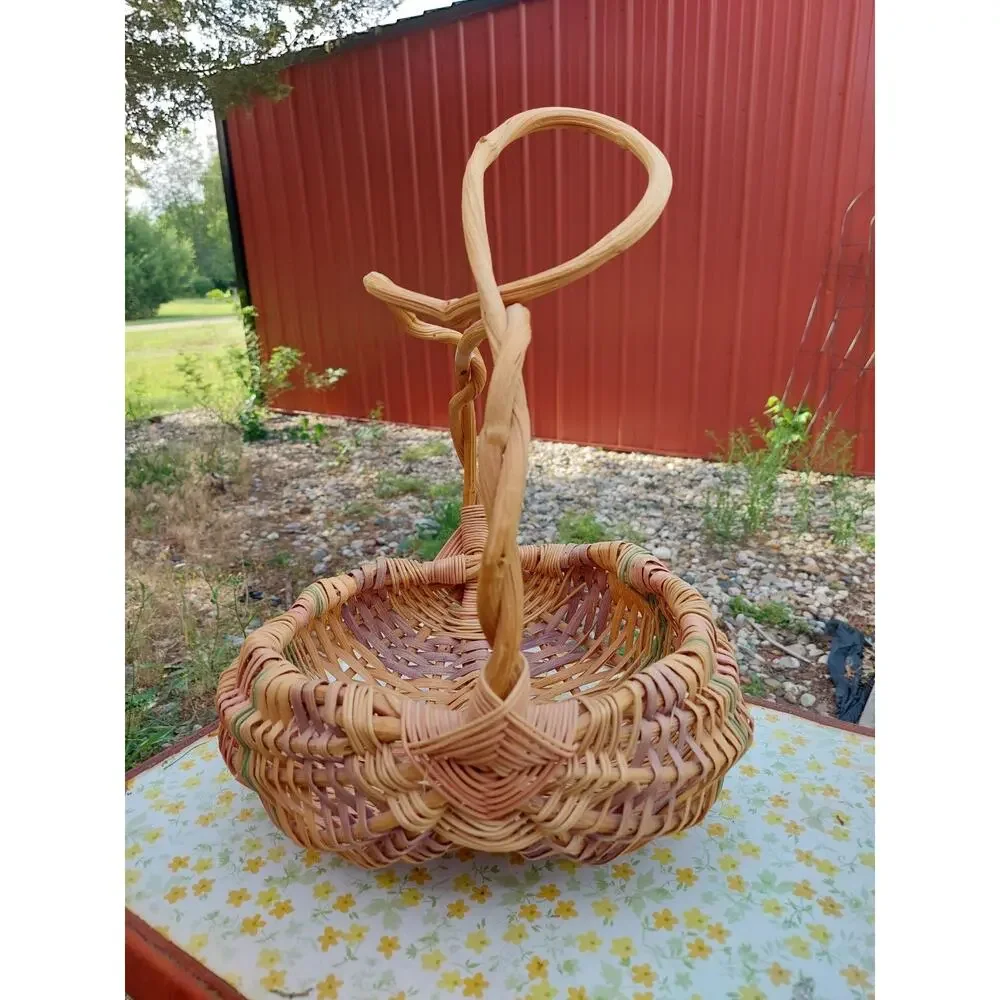 Vtg Buttocks Hand Woven Basket Grapevine Or Willow Handle Multi Color Pastels